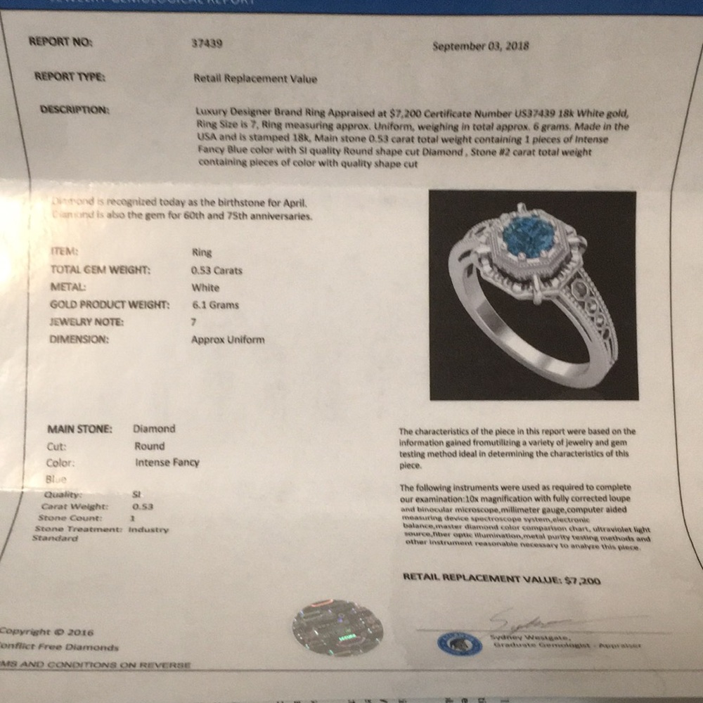 Fancy Intense Blue Diamond Solitaire Art Deco Ring - Picture 8 of 8